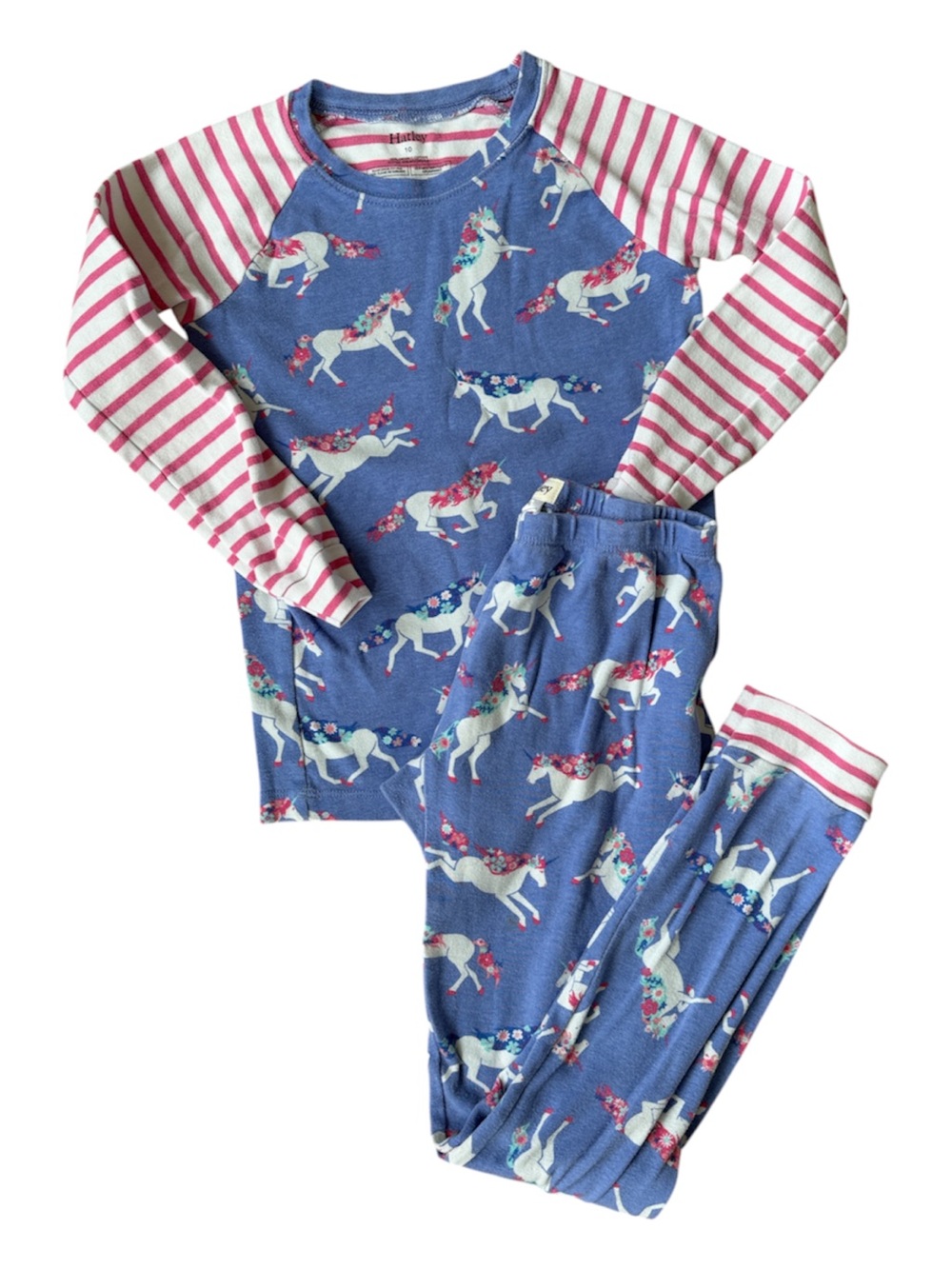 Hatley Girls Snug-Fit Blue Unicorn Pajama Set with Pink-White Striped Sleeves